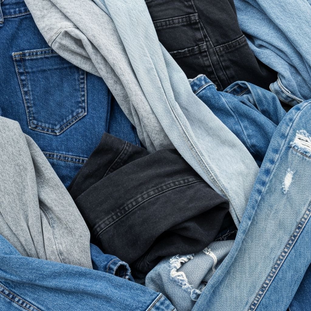 A raw pile of discarded denim clothing awaiting recovery