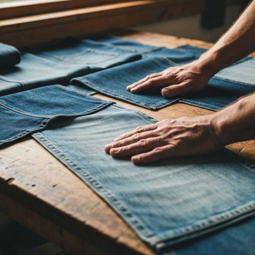 Hands sorting through denim panels showing visible wear and softened fibers